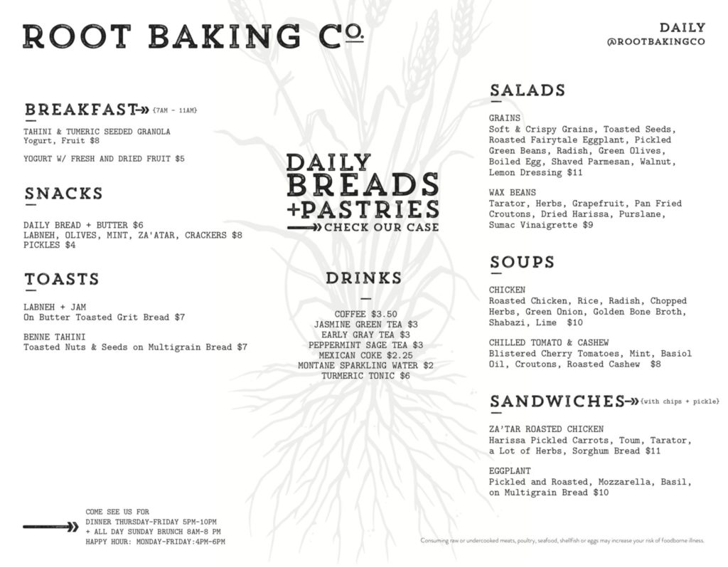 Root Baking Co Menu